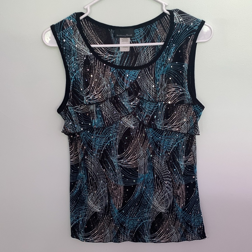 Brittany Black sleeveless shimmery, ruffled shirt. Size L